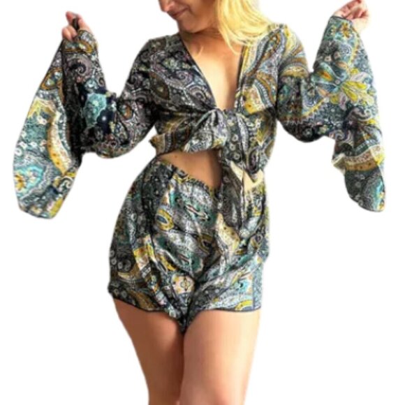 AELSON Women's Boho V Neck Paisley Print Flare Sleeves Romper Concert Sz XL - Picture 1 of 10